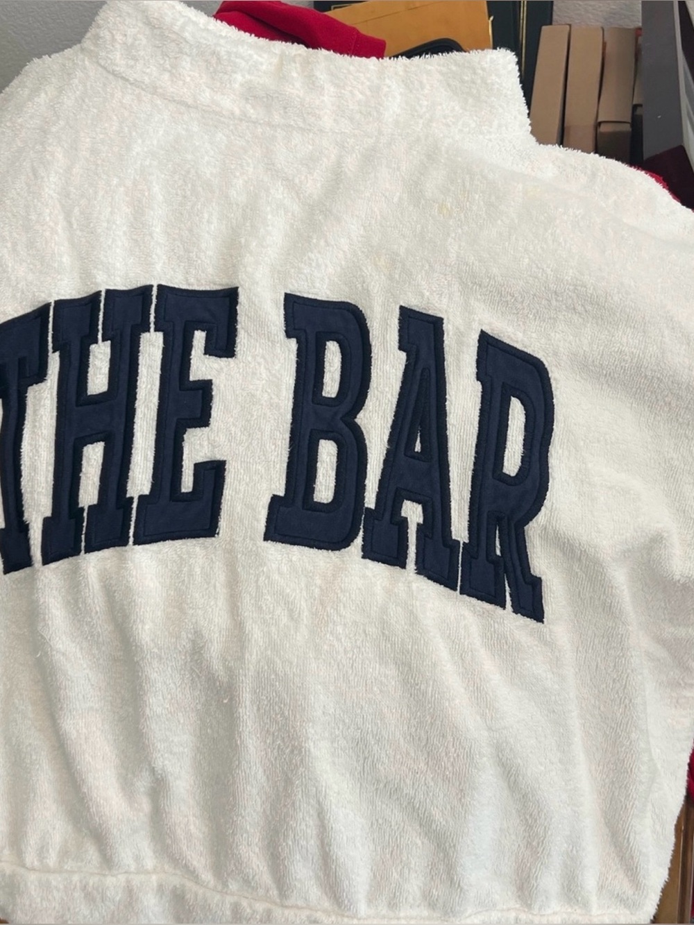 White 'THE BAR' Terry Shirt with Navy Applique